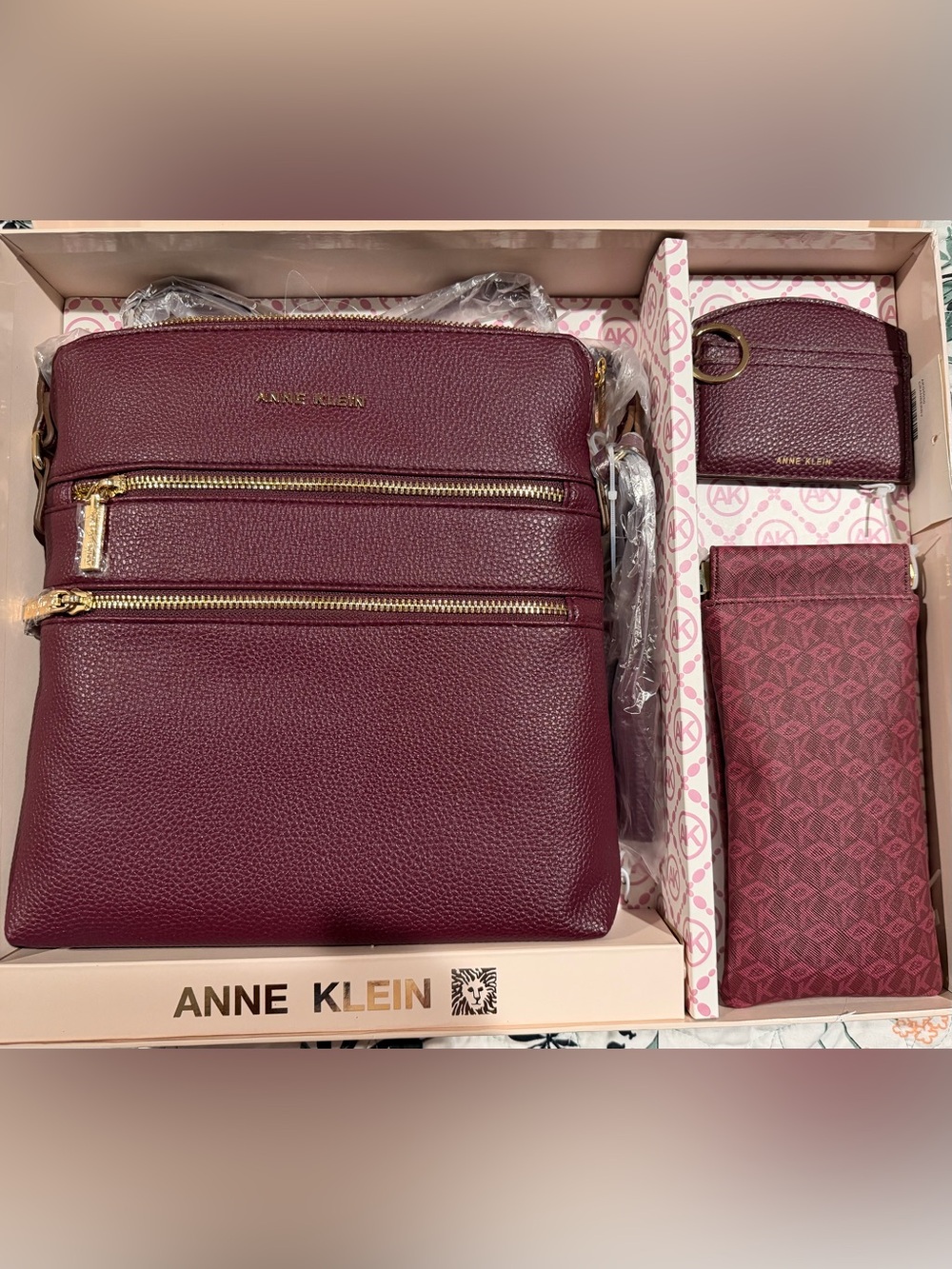 Anne Klein Burgundy Pebbled Leather Crossbody Bag Set with Gold Hardware
